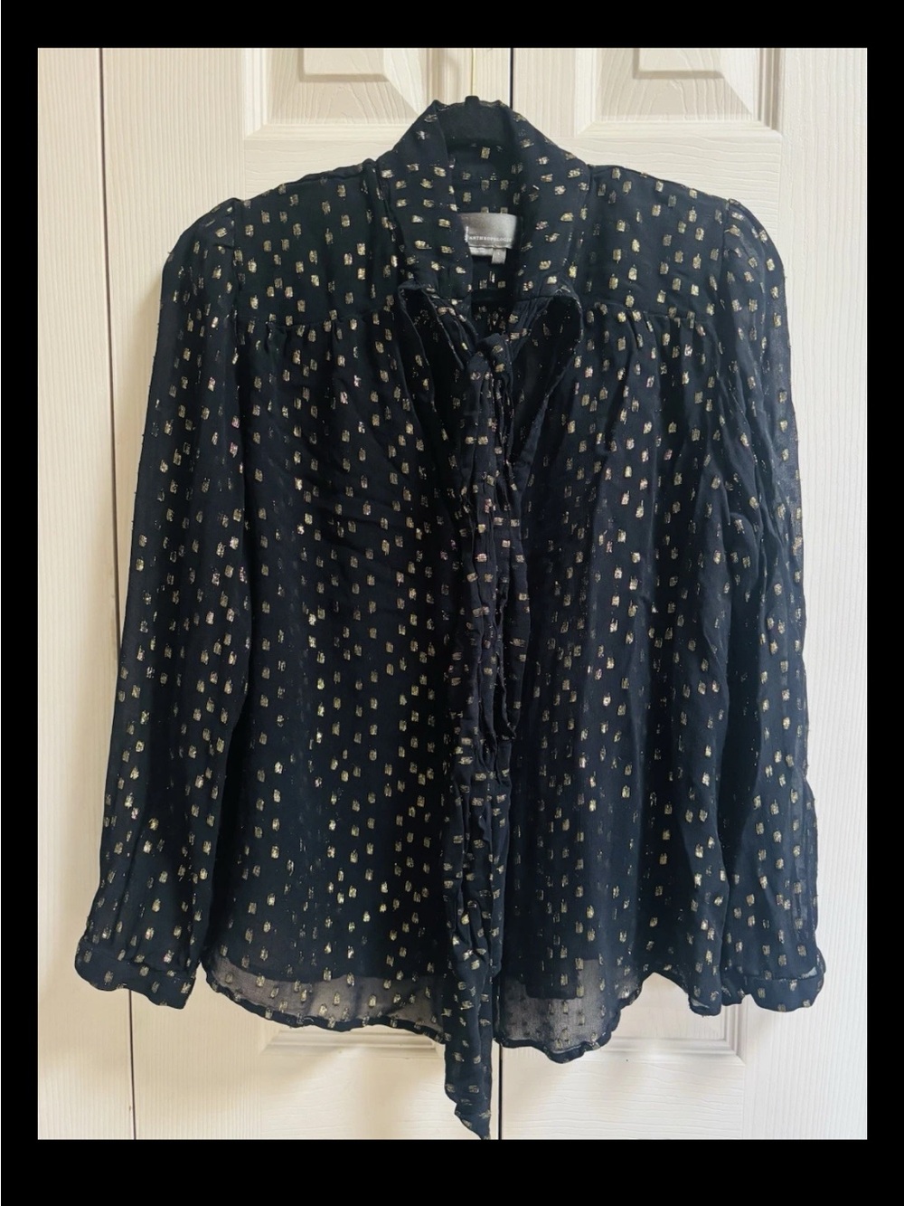 By Anthropologie Metallic Tie-Neck Blouse Buttondown LS Sheer Top Size LARGE